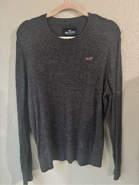 Hollister Men's Dark Gray Crewneck Sweater with Embroidered Logo